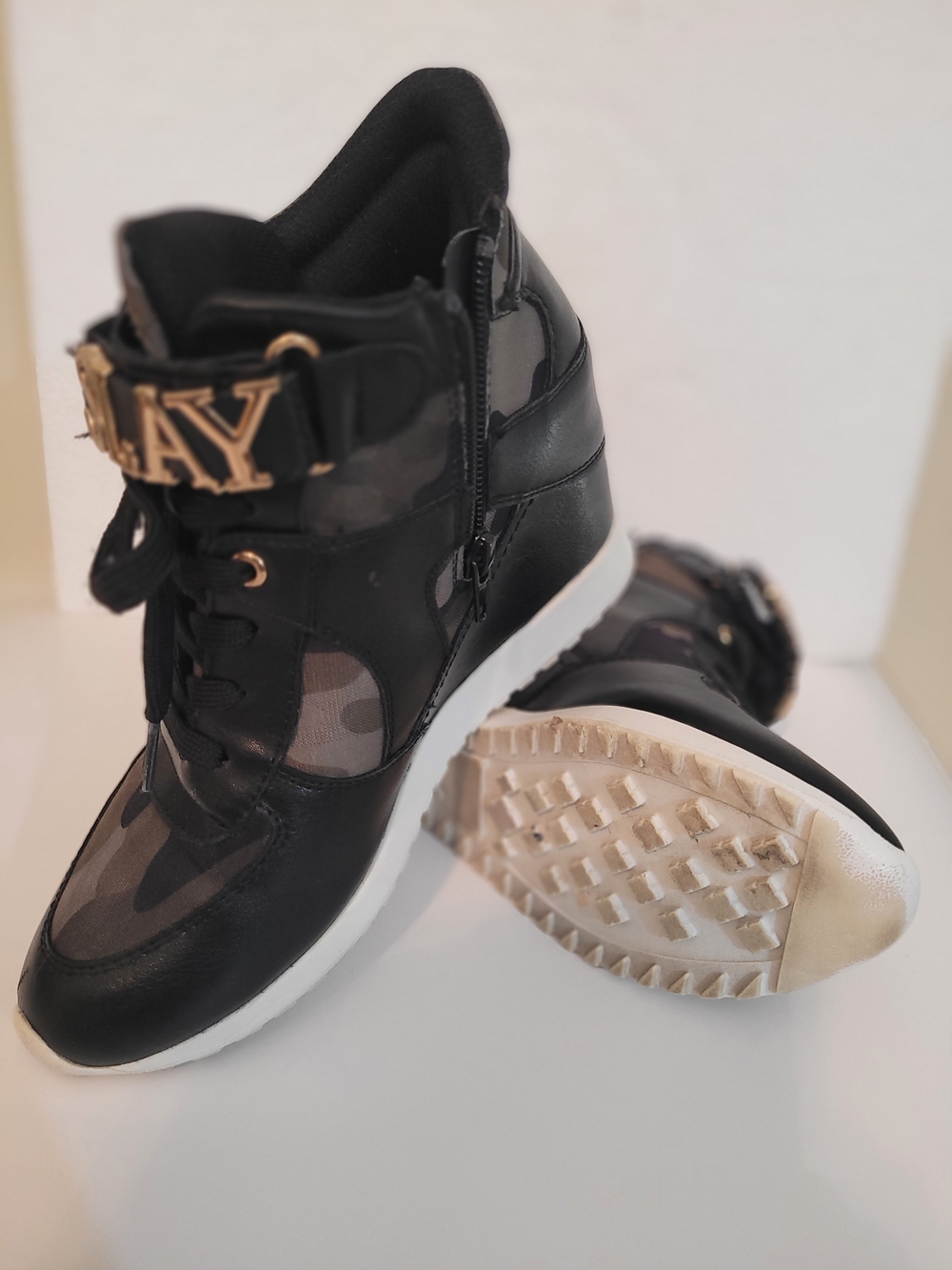 Wedge High-Top Sneaker in Black Camo with Gold Accent